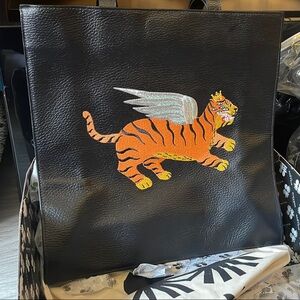 Min & Mon Marko Black Leather Tote Bag- Flying Tiger Embroidery